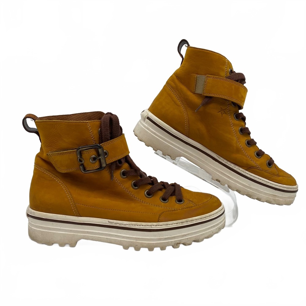Paul Green Brown Leather High Top Buckle Accent Sneakers | US 7.5
